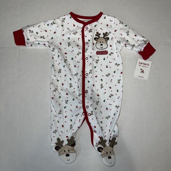 Baby Carters Christmas Reindeer Cotton Sleeper 1 Piece Pajamas PJ's 3 Months NWT - Picture 1 of 7